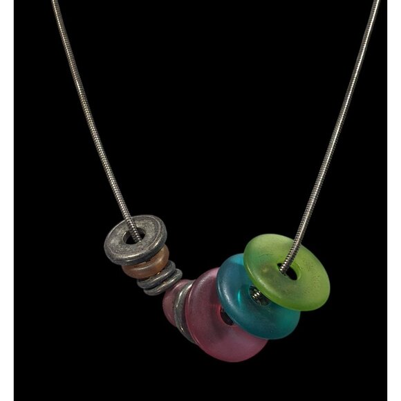 Rainbow And Silver Tone Slide Disc Charm Necklace - Picture 5 of 6